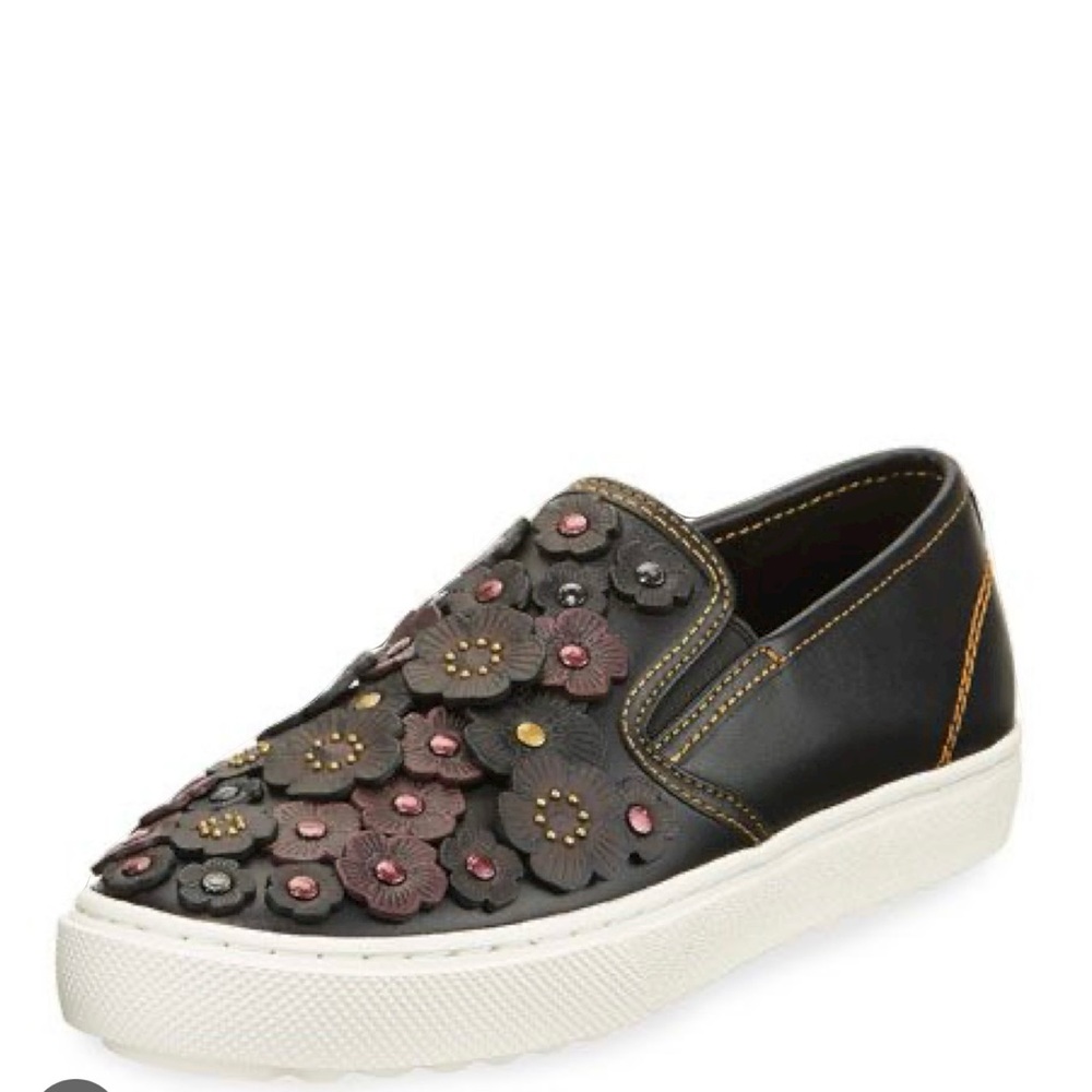 Coach Tea Rose Embellished Leather Skate Sneaker in Black
